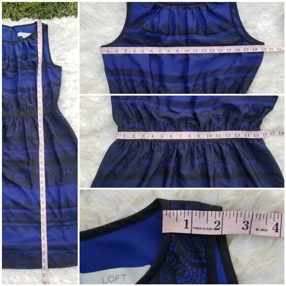 Lace Print Dress LOFT Size 10 Ann Taylor Blue Black Damask Stripe Sleeveless - Picture 6 of 8